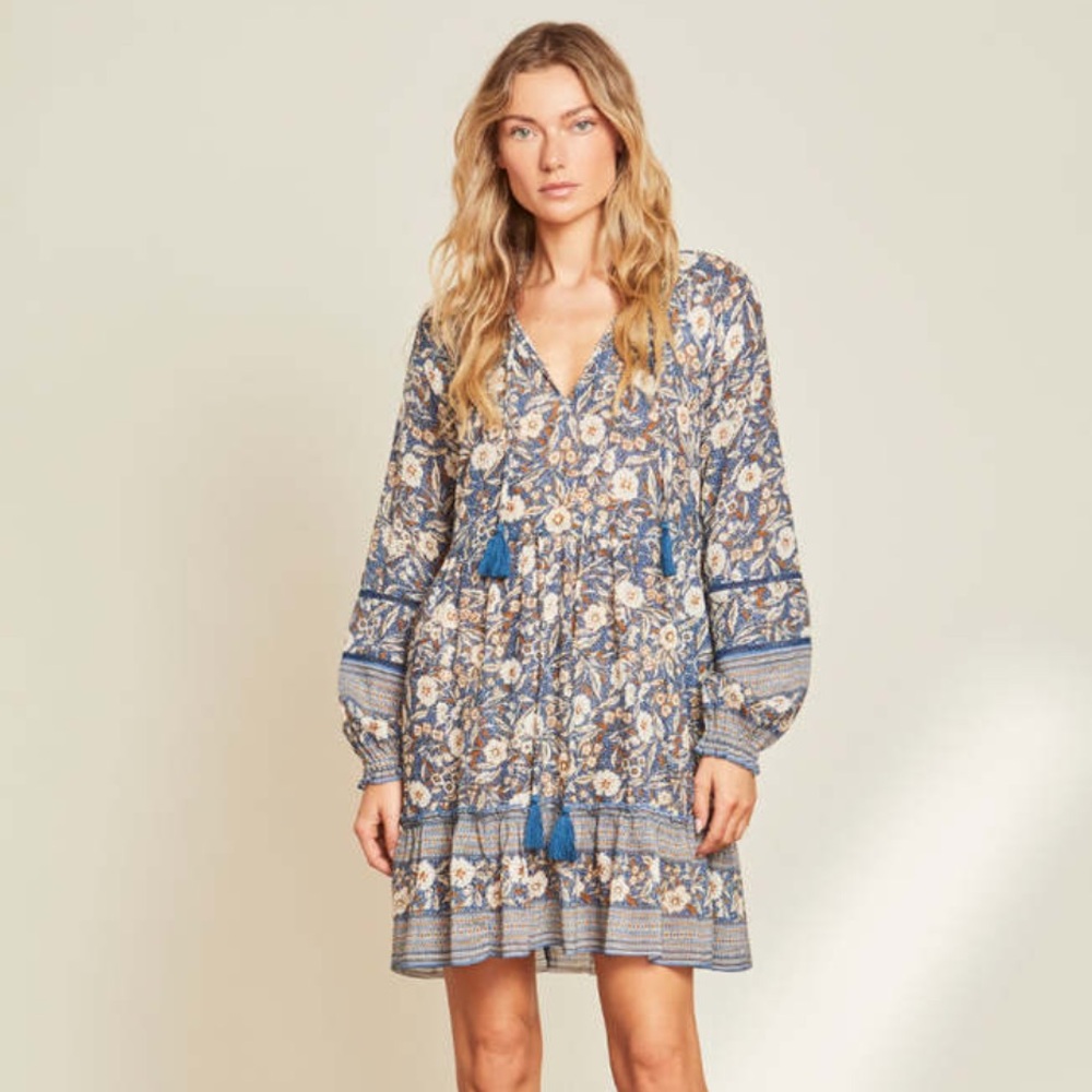 Veronica Beard Blue and Cream Floral Tiered Mini Dress